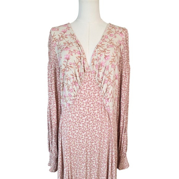 Free People Pink Floral Print Maxi Dress Back Cutout Long Sleeve Boho XL - Picture 4 of 12